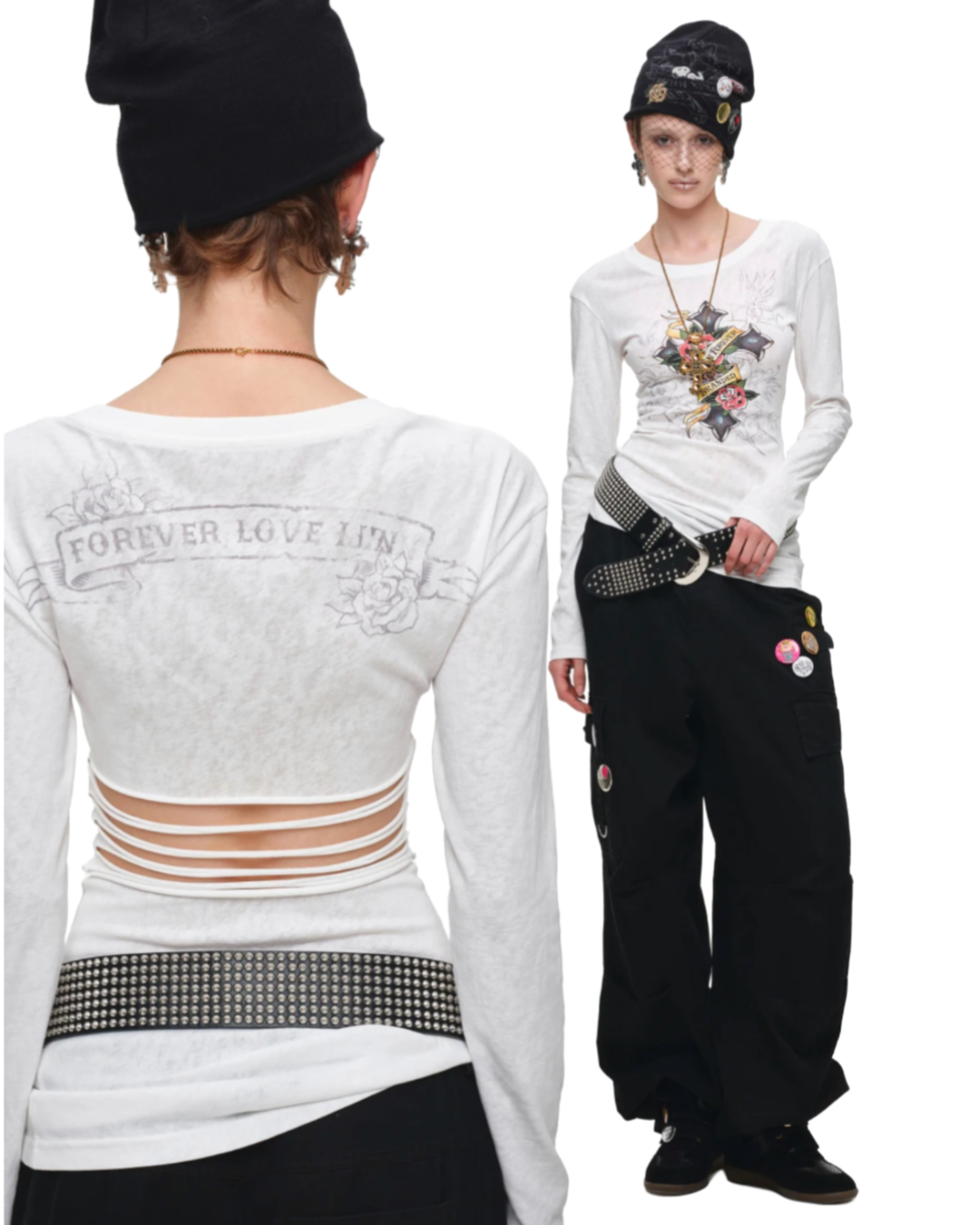 1JINN VINTAGE TATTOO CROSS & ROSE OPEN-BACK LONGLINE TOP or MINI DRESS – 2colors