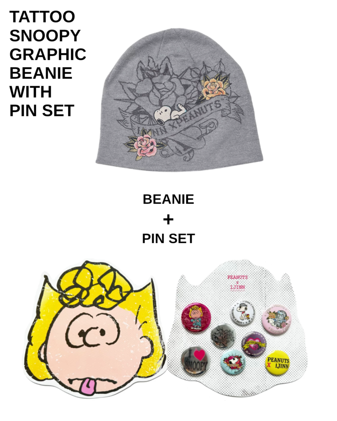 1JINN TATTOO SNOOPY GRAPHIC BEANIE WITH PIN SET – GRAY